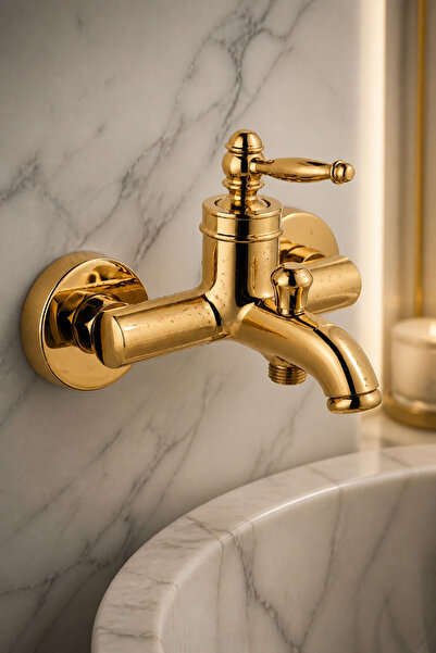 İSAOĞLU YAPI Shiny Gold Rustic Bathroom Faucet Retro Shower Fixture Brass Sta...