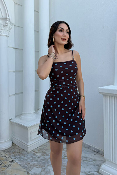Sindimoda Feris Puantiye Detay İp Askılı Mini Elbise 3051