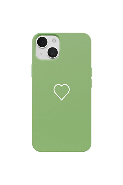 Casen iPhone 15 Yeşil Lansman Renkli Silikon Beyaz Kalp Desenli Kamera Koruma...