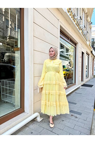 LOCCO Women's Collar Tie Skirt Gathered Dress Yellow