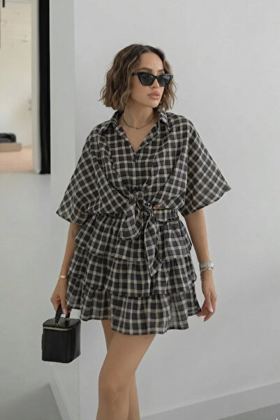 SHILSEE BEUTİQUE Pöti̇kare Patterned Tie-Up Shirt and Skirt Set Navy Blue