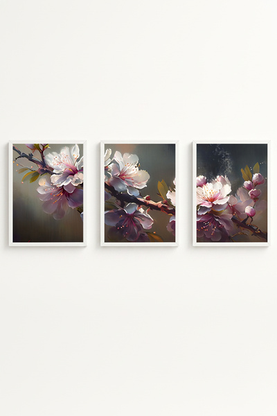 huhuli White Wooden Framed Oil Painting Flower 3-Piece Painting Huhu222