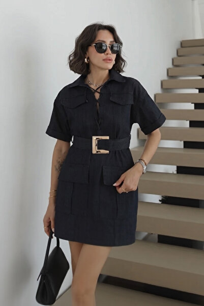 SHILSEE BEUTİQUE Mini Denim Dress with Belt and Rope Detail on the Front, Nav...