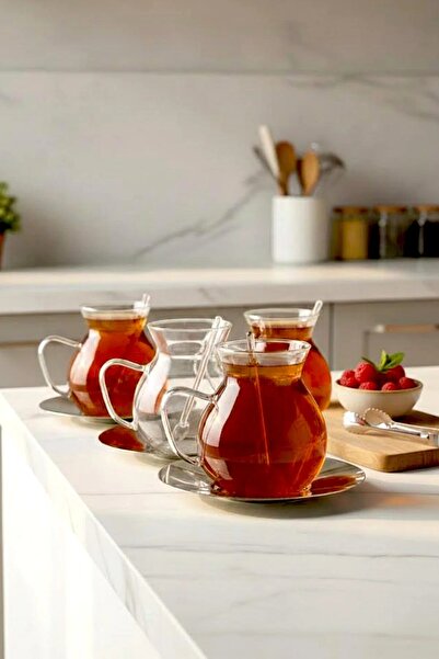 NESS HOME طقم أكواب شاي كييف-آلا 18 قطعة مع ملاعق زجاجية وقواعد معدنية 200 مل