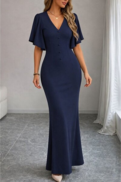 Wear Up فستان نسائي طويل من الكريب جانجان بأكمام قصيرة وتفاصيل فولان ورقبة عل...
