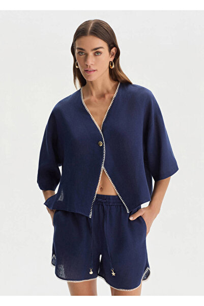 Knitss Navy Blue Contrast Detailed Linen Top