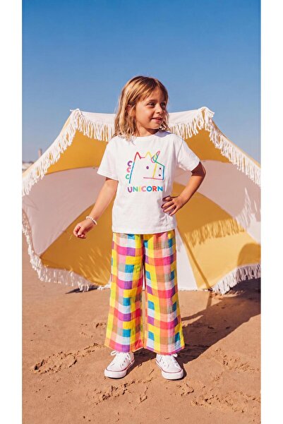 Kız Çocuk Altı Kareli Müslin Pantolon Üstü Baskılı T-shirt Altüst Takım