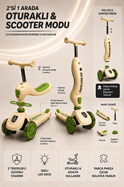 indirimsevinci 2’si 1 Arada Oturaklı Çocuk Scooter Led Işıklı Müzikli 3 Teker...