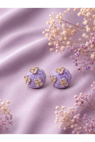 Sylvera Shop Purple Earrings with Embossed Flower Figures (Gold Color)