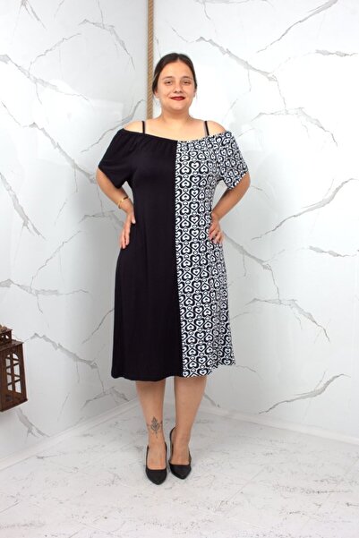 Truva XXL Plus Size Black and White Heart Patterned Off Shoulder Midi Dress
