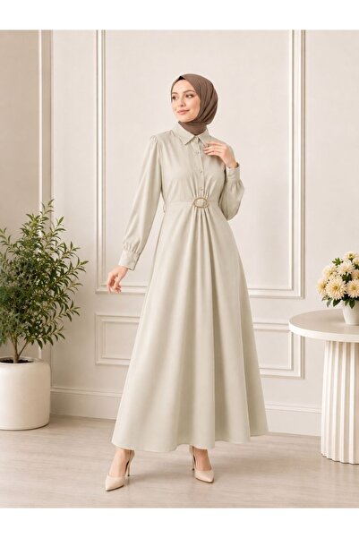 H&B MAİSON Gold Tokalı Modest Gömlek Elbise
