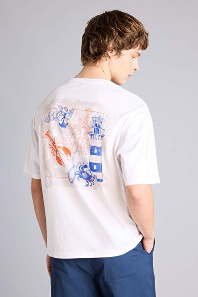 DeFacto 100% Cotton Boxy Fit Crew Neck Back Print Short Sleeve T-Shirt G4258A...