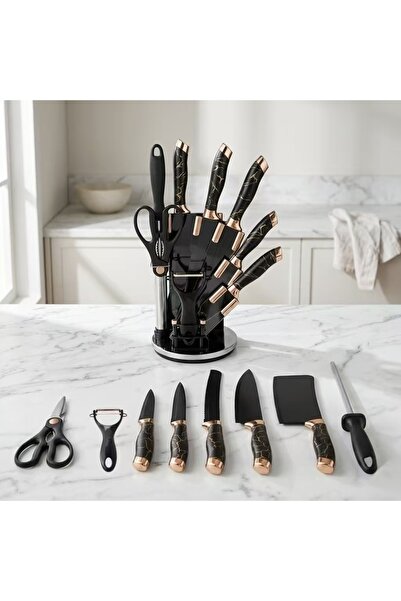 OSOOKE All-In-One Kitchen Knife Set with Storage Block, Sharp Black Non-Stick...