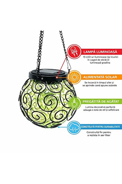 BaoBao Lampă suspendată decorativă solară cu LED, din sticlă și metal, verde/...