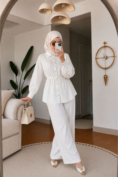 Sfg Life Moda Women's Stone Detailed Waist-Tie Loose Linen Shirt and Trousers...