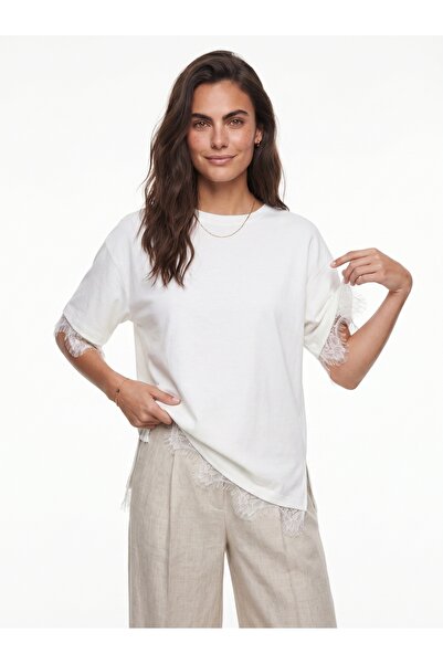 ONLOOX White Soft Textured Crew Neck Oversized T-Shirt with Lace Detail on Sl...