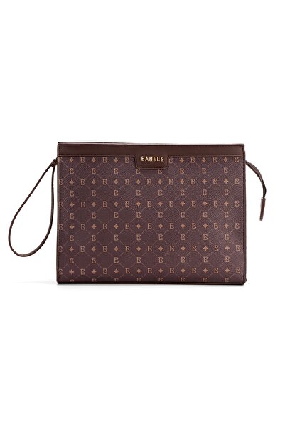 BAHELS Kadın Kahve Monogram Portföy Kulplu Clutch Çanta