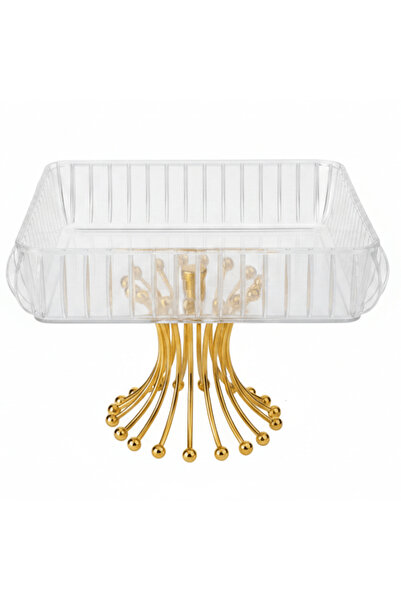 AKDC Crystal Acrylic Square Candy Tray with Gold Starburst Pedestal Base — 22...