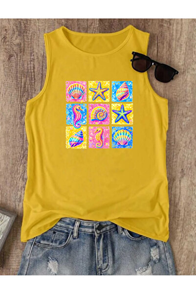 SUNFREE Summer Yaz Colorful Printed Summer Sleeveless Crew Neck Women's Tshirt