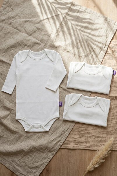 DYZSTAR Set of 3 White Long Sleeve 100% Cotton Baby Bodysuits - Antiallergeni...
