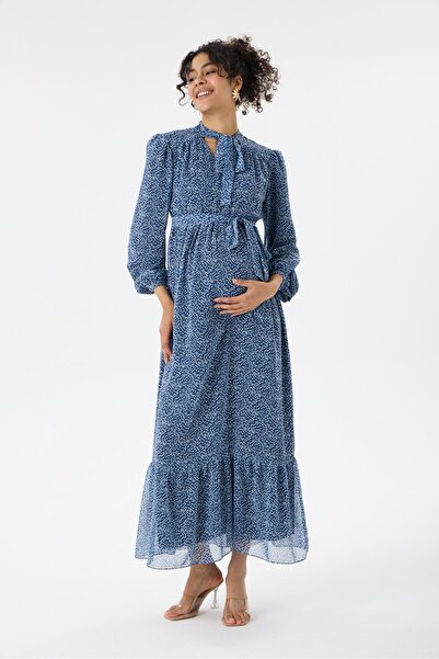 Işşıl M0015-Collar Tie Flower Pattern Maxi Maternity Dress