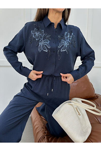 MİA NOURA Women's Oversize Shirt with Embroidered Front and Sleeves, Beaded Work