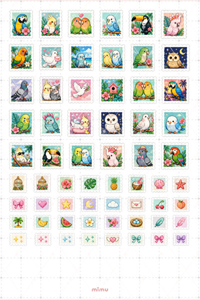Mimu Art Studio Pixel Art Kuş Pul Sticker Seti Vintage Posta Temalı Dekoratif...