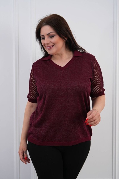 D LAVELLA Kadın Büyük Beden Polo Yaka Kolları Ajurlu Merserize Triko Bluz