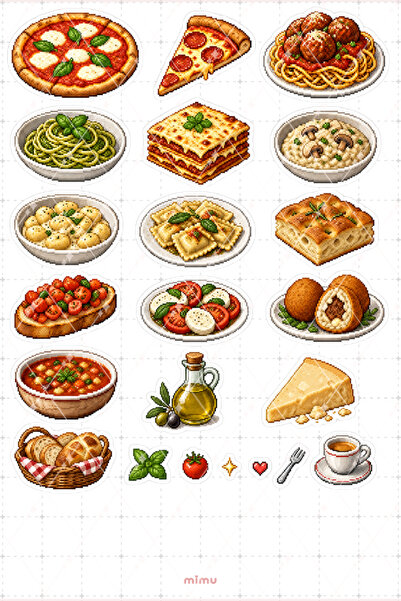 Mimu Art Studio Pixel Art İtalyan Mutfağı Sticker Seti Pizza ve Makarna Temal...