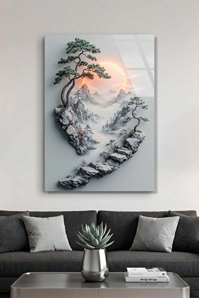 Vitraum Uzak Doğu Temalı Taş Merdivenler ve Bonsai Ağacı Cam Tablo