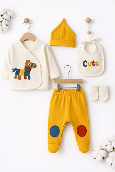 Pure Boutique Set nou nascut 5 piese galben cu girafa bluza pantaloni caciula...