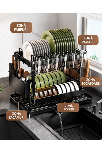 Vivante Suport scurgător vase pentru chiuvetă din metal, organizator bucătărie multifuncțional pentru farfurii, pahare, tacâmuri și accesorii, raft uscare vase deasupra chiuvetei modern și rezistent