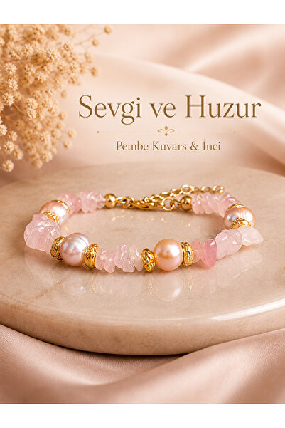 Zokak Pembe Kuvars İnci Doğal Taş Kadın Bileklik Gold Detaylı Ayarlanabilir H...