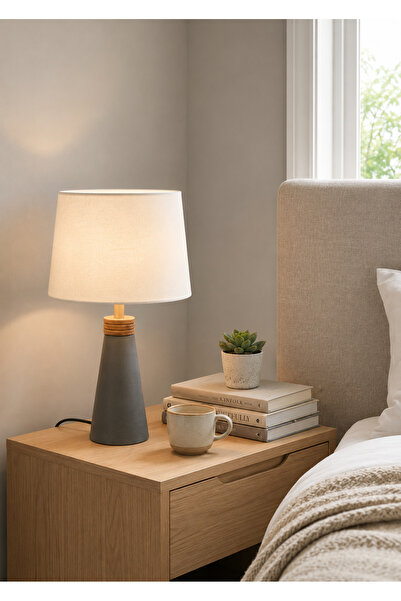 N.zone Modern Gray Conical Base Table Lamp with Wood Accents and White Fabric...