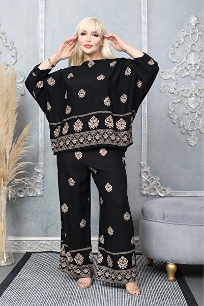 Tubik Women's Wide Cut Crew Neck Patterned Top and Bottom Tunic Pants Set
