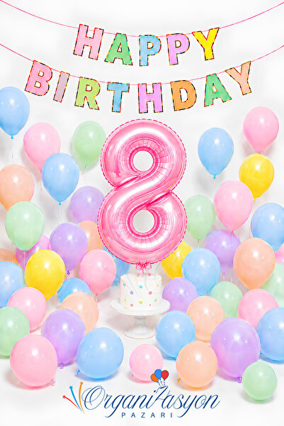 Organizasyon Pazarı 8Th Birthday Concept Macaron Colors Pink Number Foil Ball...