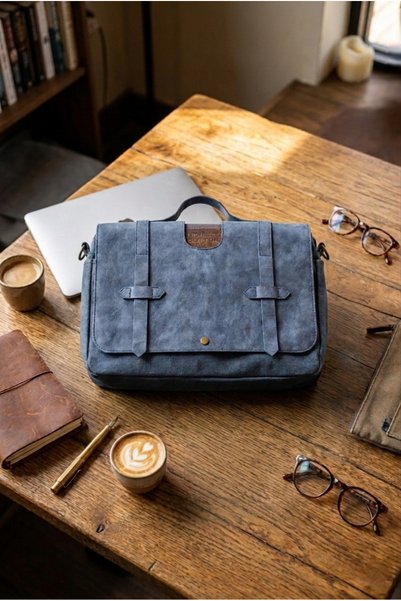 OLD COTTON BAGS Canvas Shoulder Bag Navy Blue Unisex Laptop and Tablet Compatible Vintage 35X24X7 cm