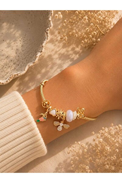 mz mazalinda Gold Charm Bileklik Kadın Çelik Bilezik Arı Kuş Kalp Figürlü Taş...