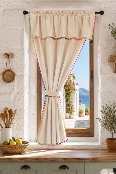 cotton maison Cortina de fundal naturală Rainbow Boho cu pomponi - O singură ...