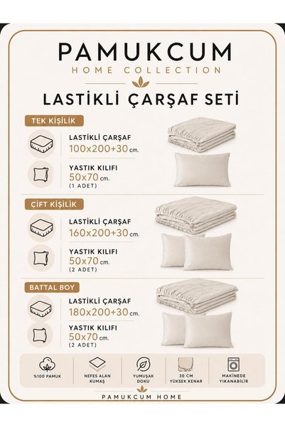 PAMUKCUM Cotton Satin Elastic Sheet Set Single/Double/King Size