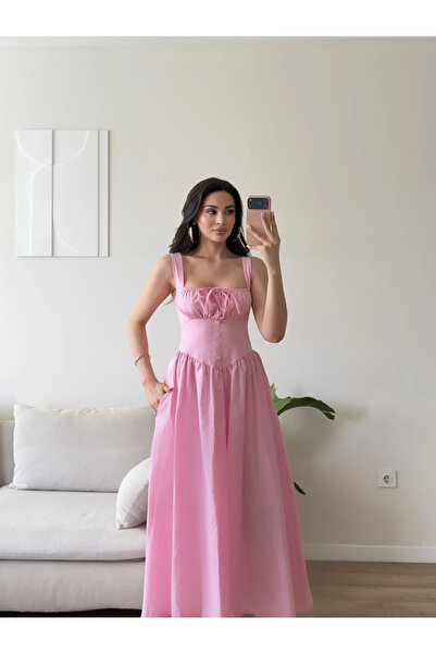 Zoom Butik Bel Korse Askılı Prenses Elbise - PEMBE