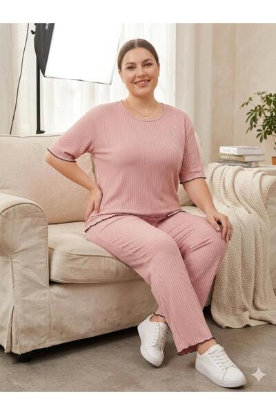 LXL Summer Ribbed Short Sleeve Plus Size Powder Pajama Set