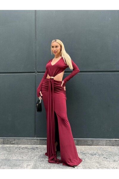 Butik Kadın Dekolteli Yırtmaçlı Uzun Abiye Elbise Gece Davet Mezuniyet Parti ...