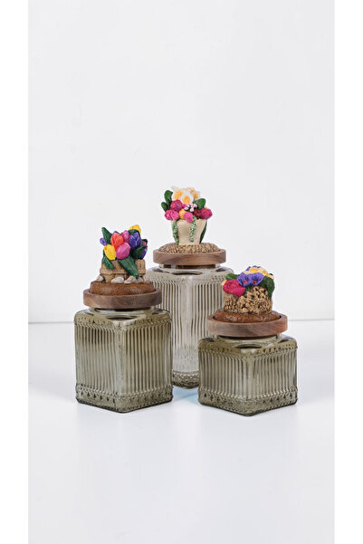 byUZUNOĞLU Decorative Acacia Lid Glass Storage Set of 3 - Arrangement Flower ...