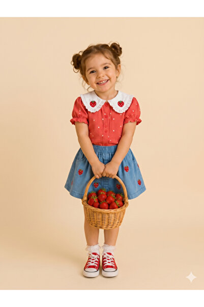 Momivi Kids Kız Bebek Çilek Nakışlı Fırfır Yakalı 2’li Etekli Takım
