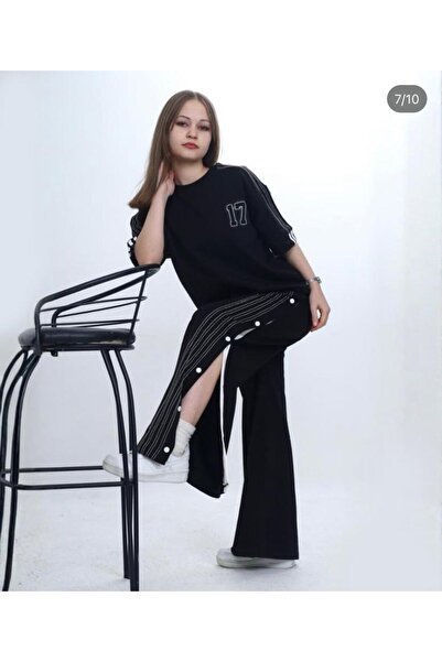 aykidsclup Tricou negru supradimensionat pentru fete, cu detaliu cu șliț și p...