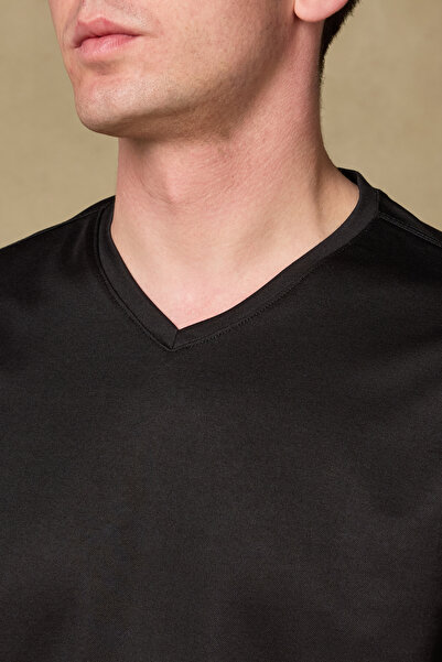 Abbate Vita Merserize Pamuklu Modern Fit Siyah V Yaka Erkek Düz T-Shirt