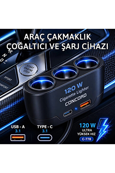 Yenimiyeni 3 Lü Çakmaklık Çoğaltıcı Soket 120W Usb 2 Type-C Araç Şarj Cihazı ...