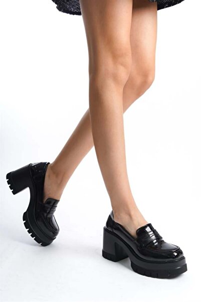 Difolia Women's Black Patent Leather 8 cm Heeled Platform Shoes