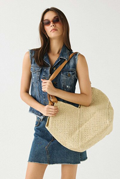 C&City Wicker Leather Handle Shoulder Bag Y9230 Beige